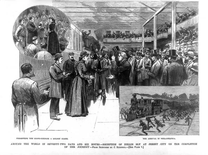 A woodcut image of Nellie Bly's homecoming reception in Jersey City