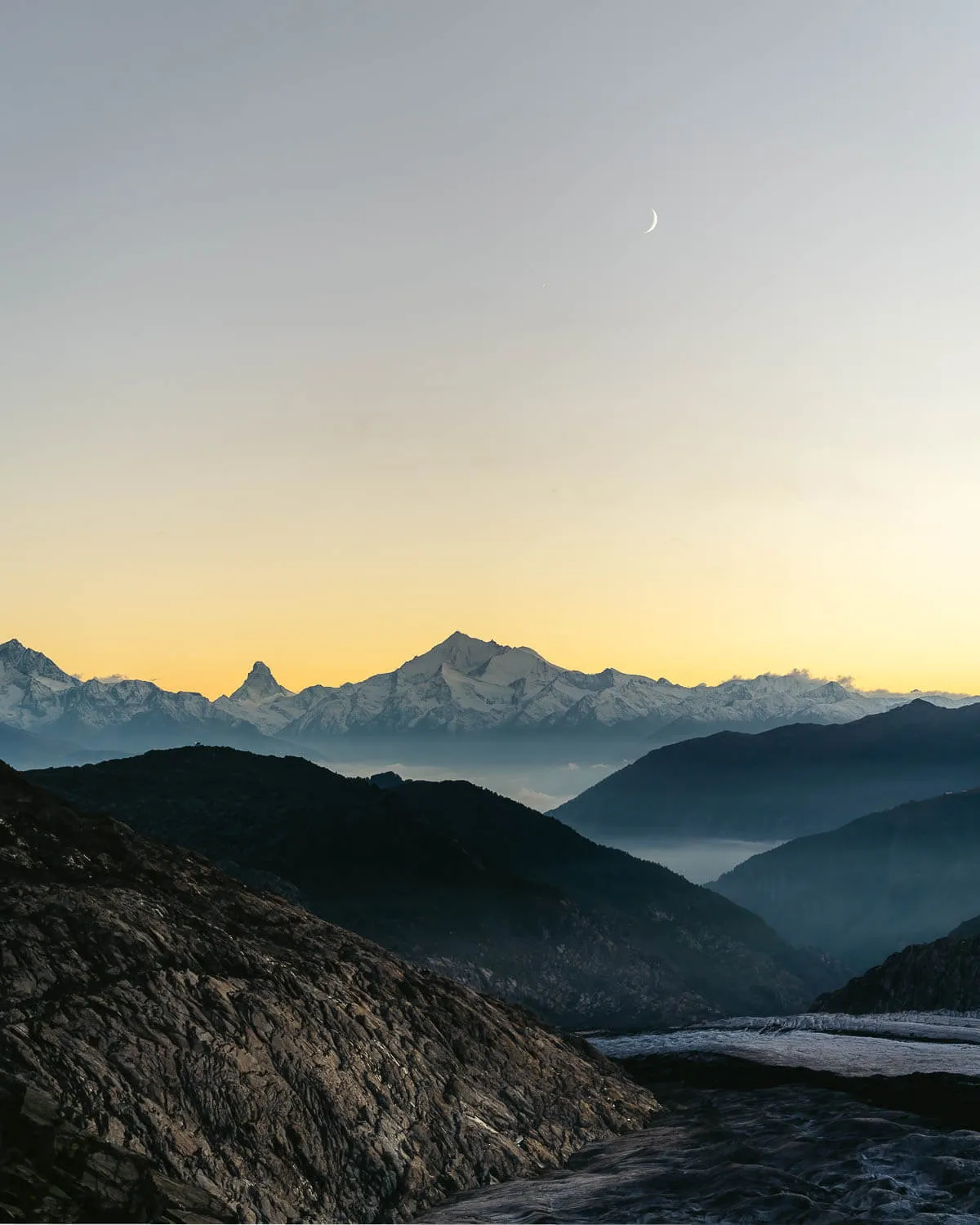Sunset and blue hour over Matterhorn and Aletsch Glacier