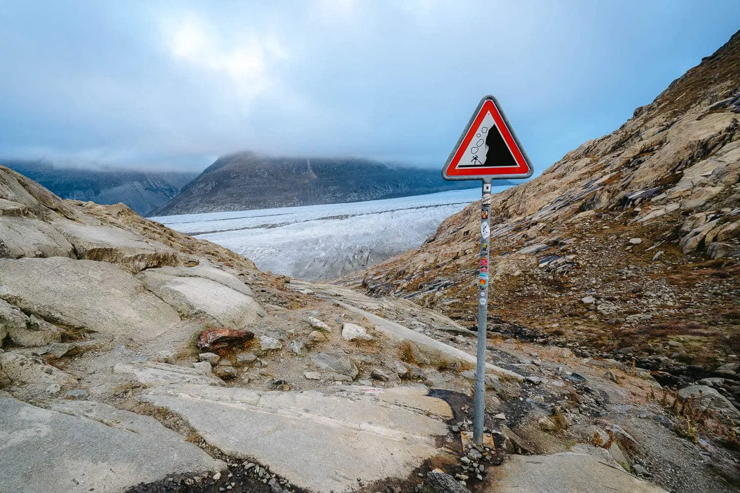 Warning sign at the Aletsch Glacier