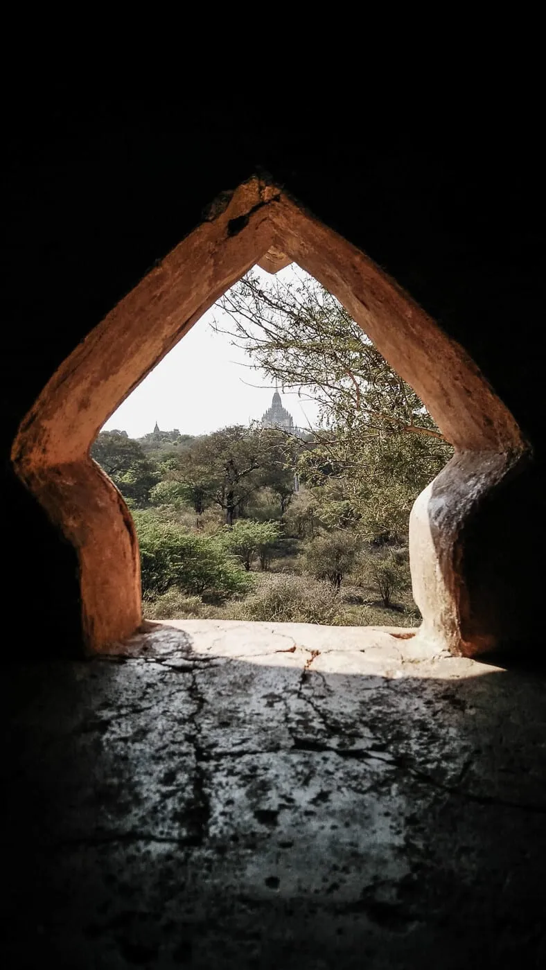 Architecture detail of a window framed temple in Old Bagan, Myanmar