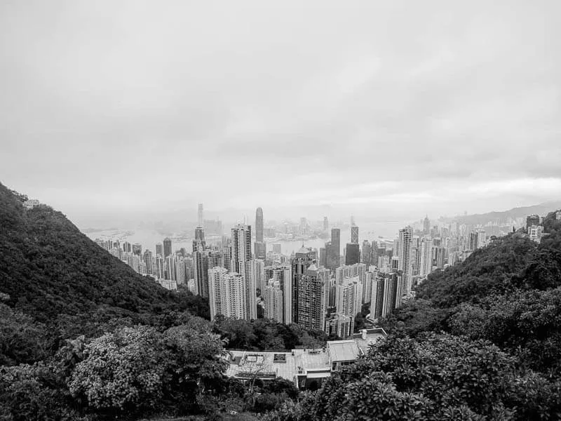 Black and White City Panorama from the Peak in Hong Kong, China