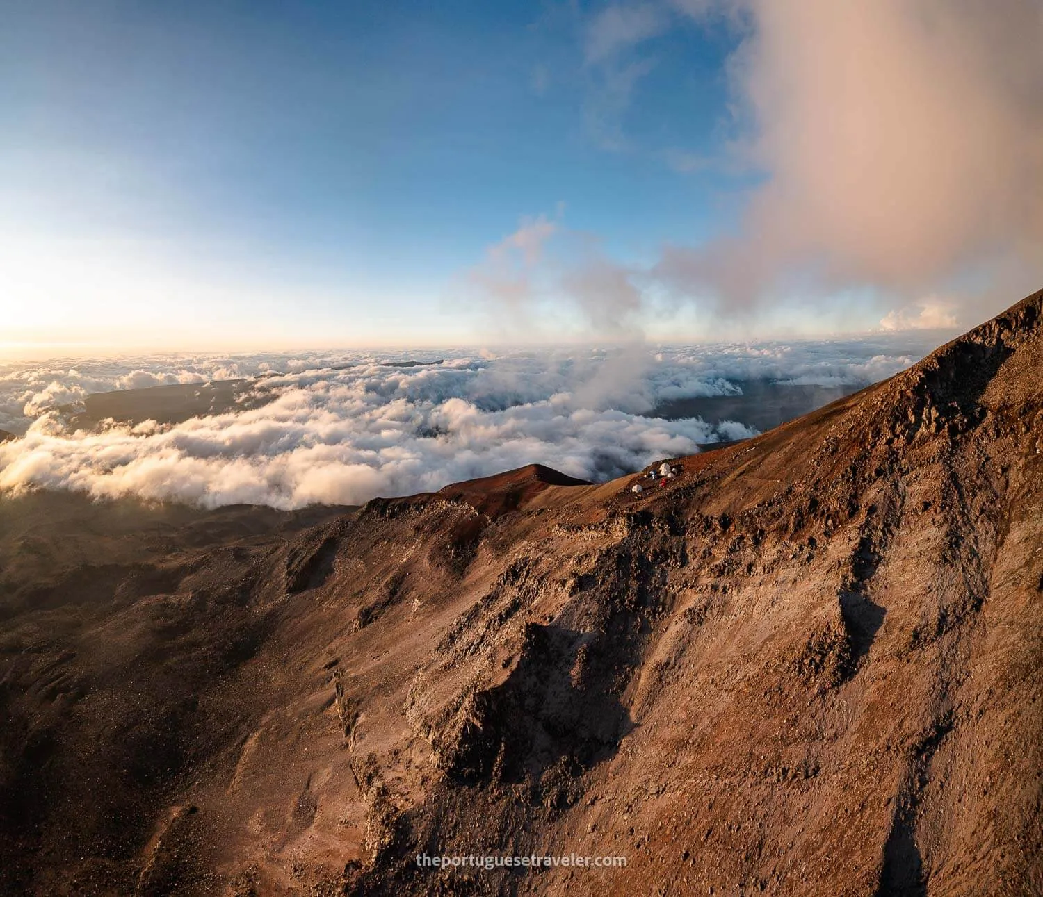 An amazing drone shot of high camp with a cloud inversion