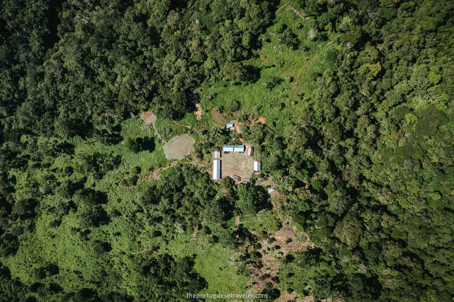 Drone view of the Shuar Community, on the Cueva de Los Tayos expedition.