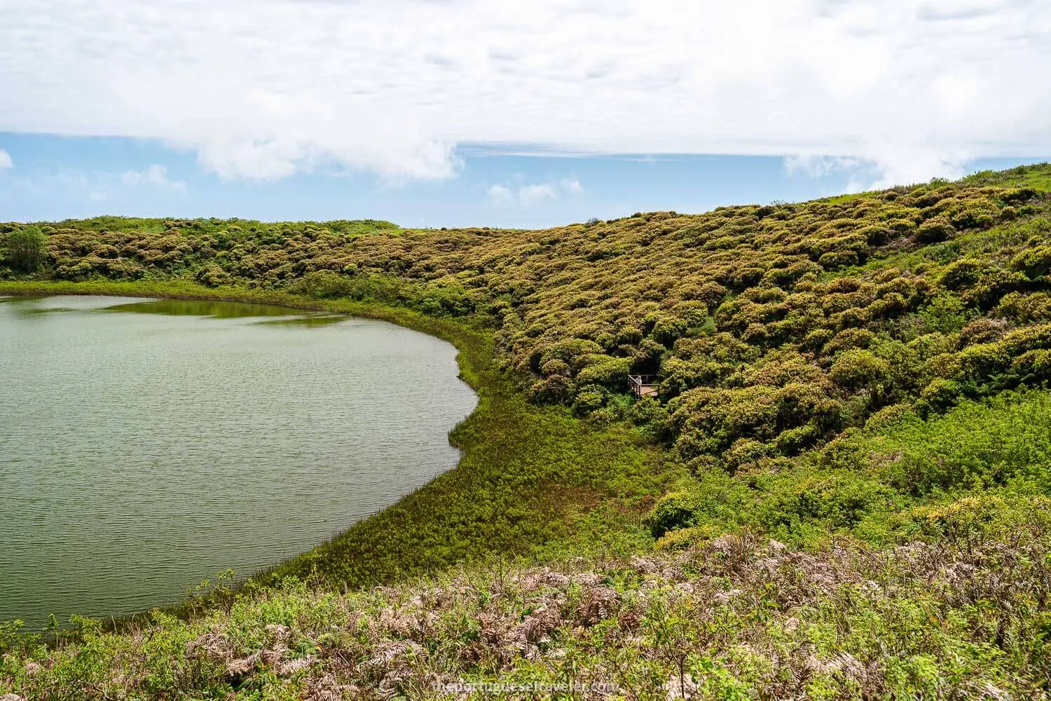The lower wooden structure viewpoint of El Junco lake.