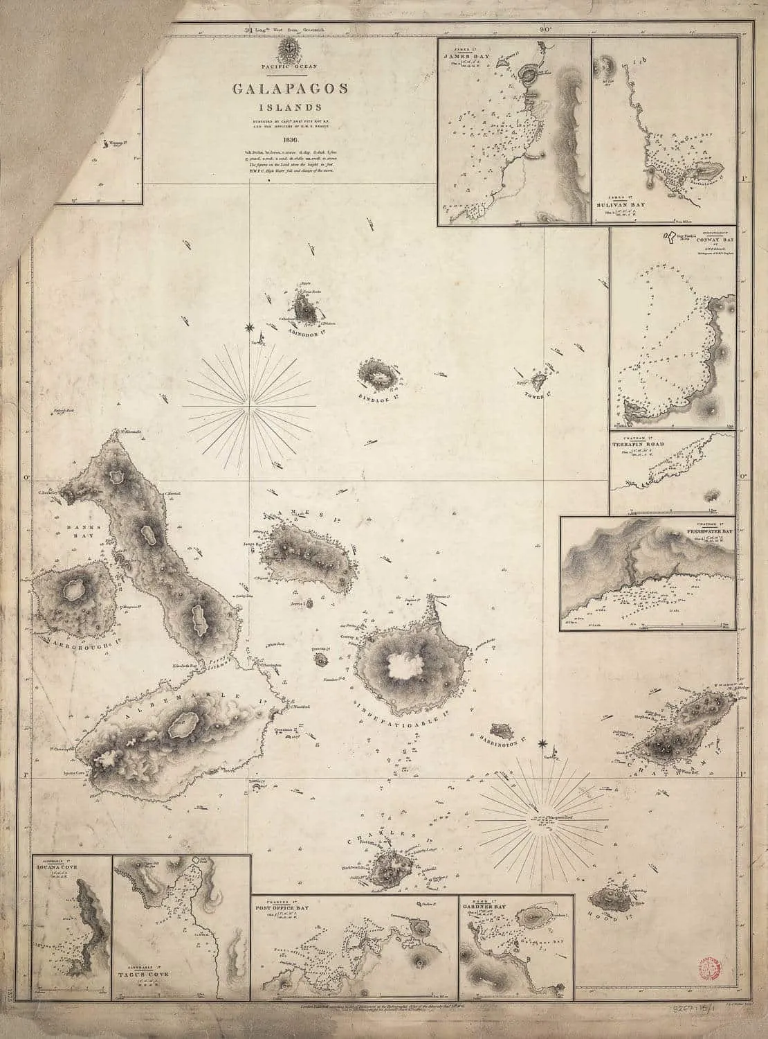 The 1841 Admiralty chart drafted from FitzRoy's survey of the islands on HMS Beagle - Galapagos Islands Myths