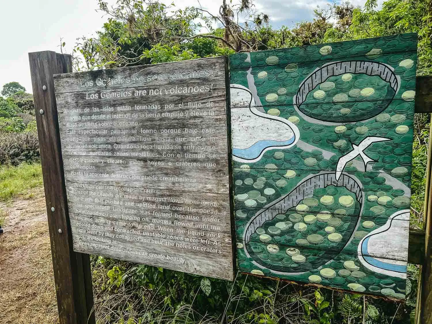 Information board at the entrance of Los Gemelos pit craters