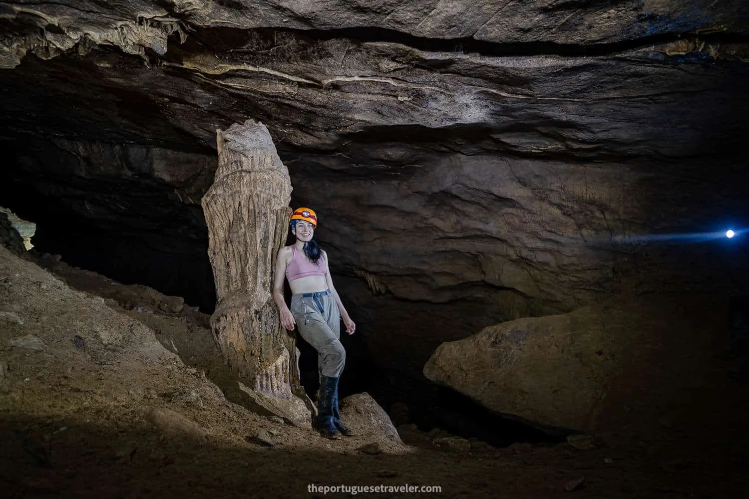 Jhos at the Neil Armstrong stalagmite, on the Cueva de Los Tayos expedition.
