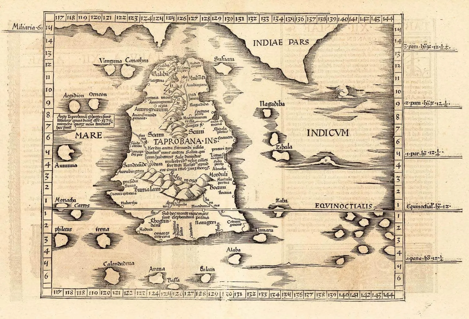 Ptolemy's Taprobana as published in Cosmographia Claudii Ptolomaei Alexandrini, 1535 - The Portuguese in Sri Lanka