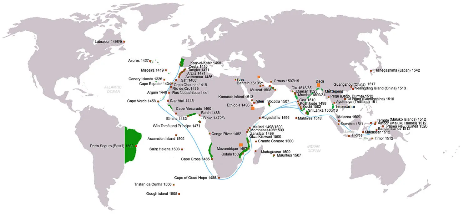 Portuguese discoveries and explorations: first arrival places and dates; main Portuguese spice trade routes in the Indian Ocean (blue); territories of the Portuguese empire under King John III rule (1521–1557) (green) - The Portuguese in Sri Lanka