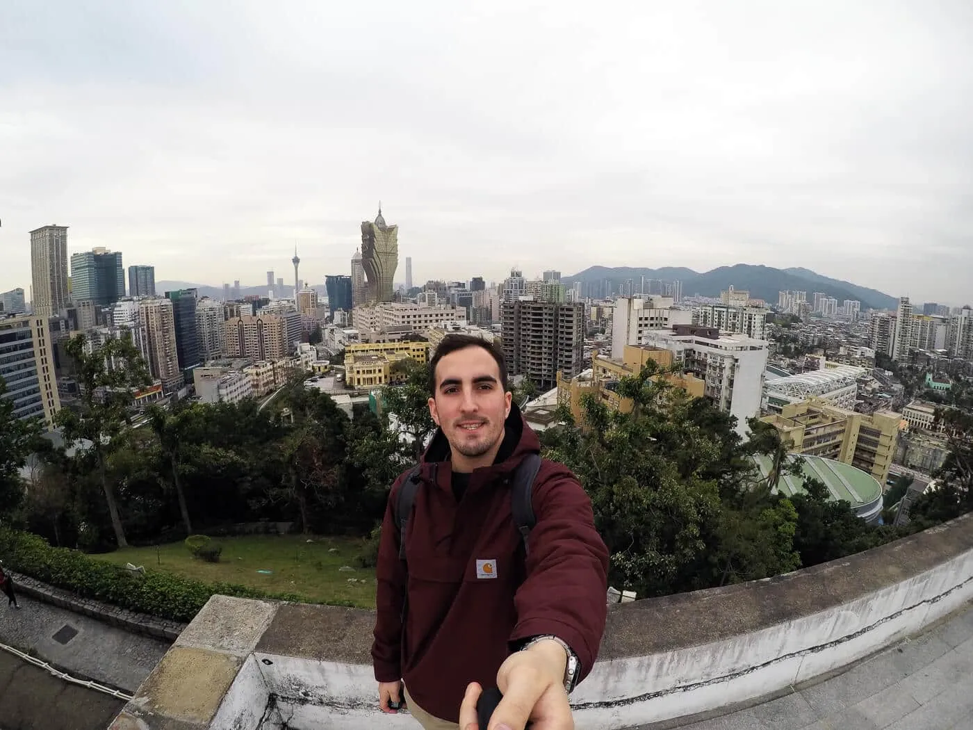 Selfie in Macau, China with the Grand Lisboa Casino in the background