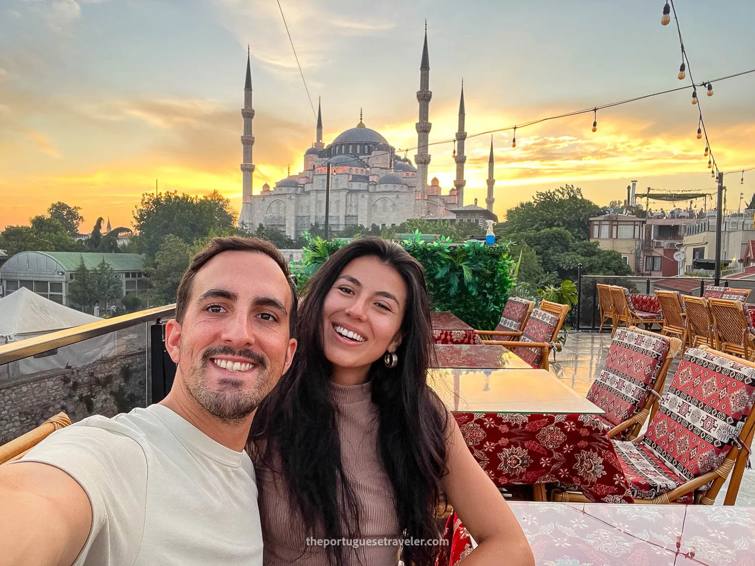 Me and Jhos at a rooftop dining with a view of the Blue Mosque at Sunset