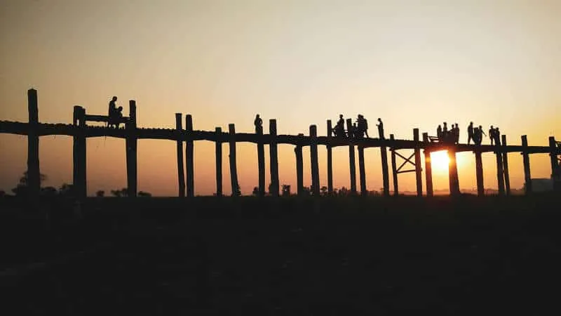 Sunet at U Bein Bridge near Mandalay in Myanmar