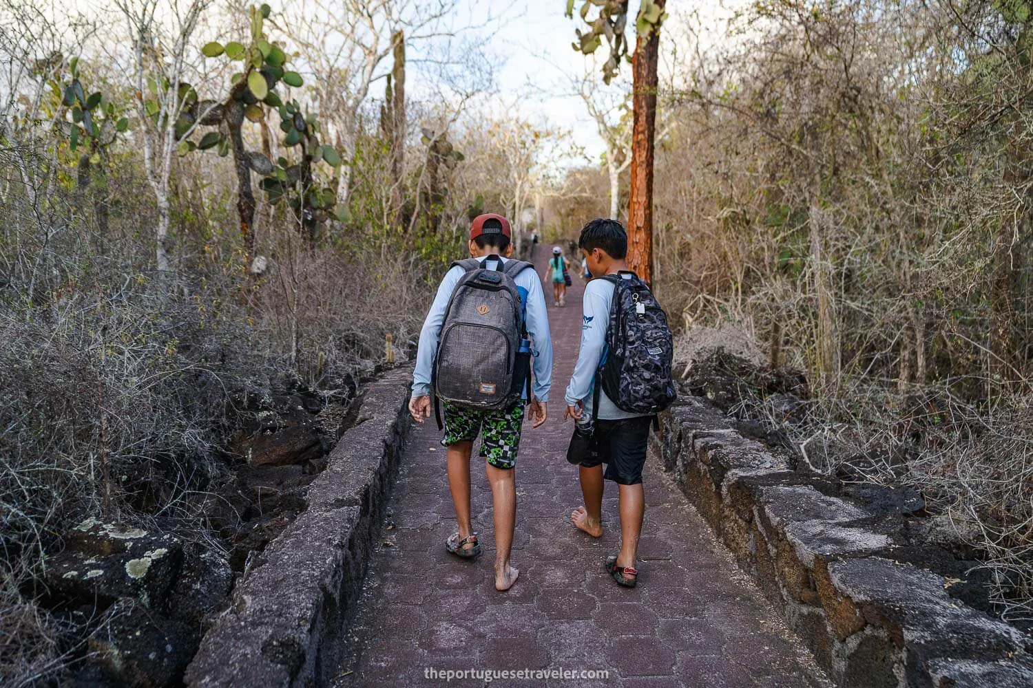 Two kids helping each other sharing crocs to walk back home