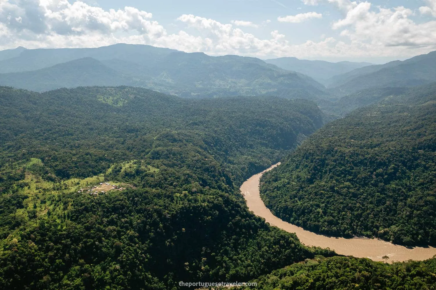 A drone view of the biggest Shuar community and the Santiago River