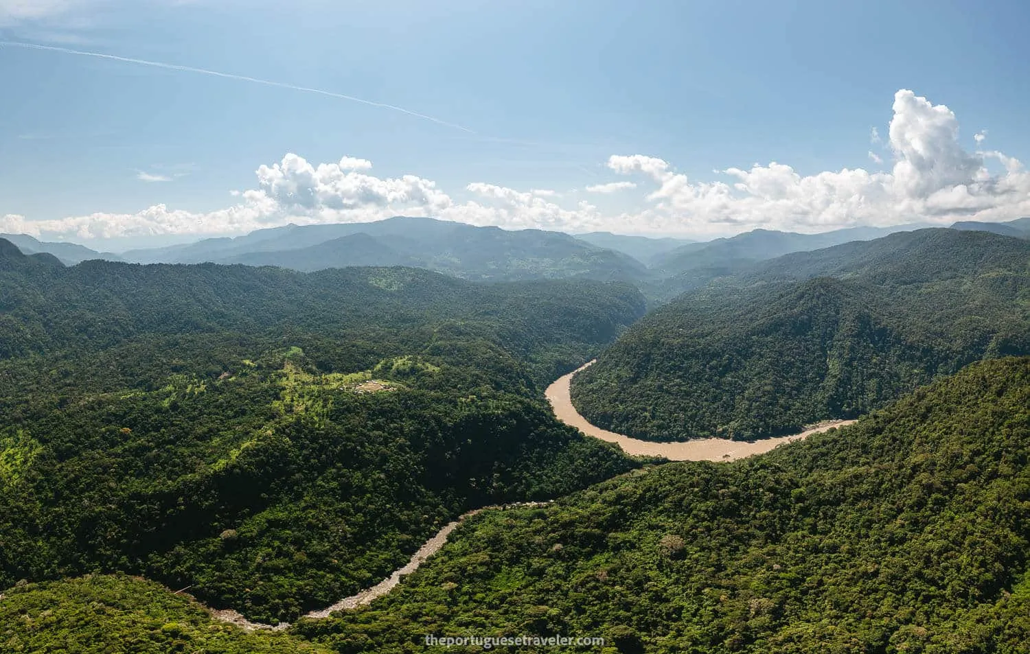A Drone view of Yuquianza River and the main community on the left, straight up from the Shuar Community where we slept in the Amazon, on the Cueva de Los Tayos expedition.